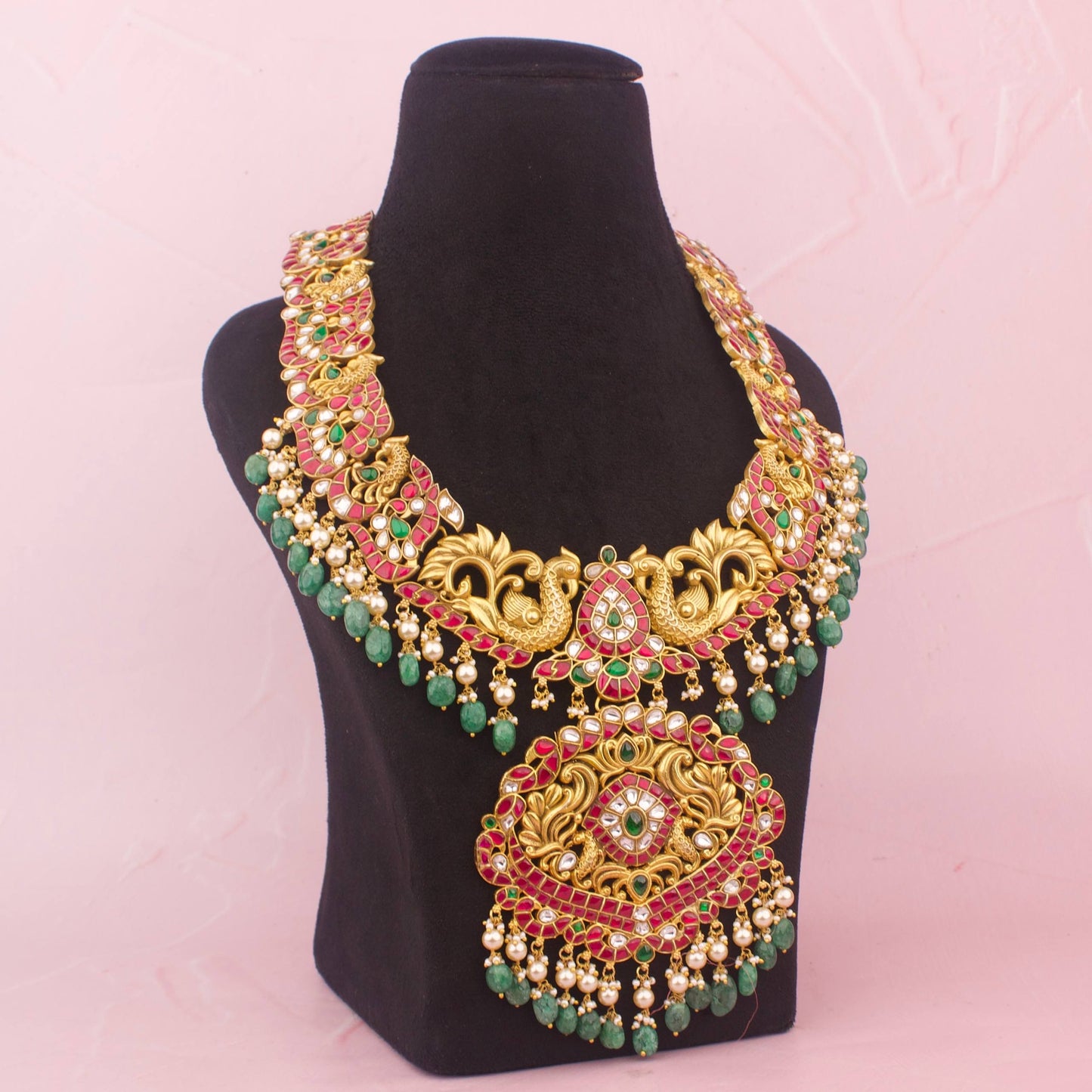 Close-Up Detail View of Bridal Jadau Kundan Antique Gold Long Haram | Dulhan Jewels