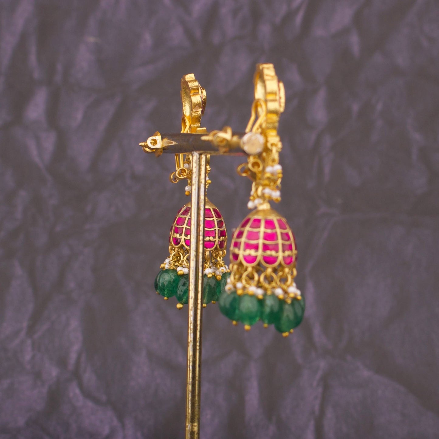Graceful Jadau Kundan Jhumki Earrings With Emerald Beads - Alternate View 2