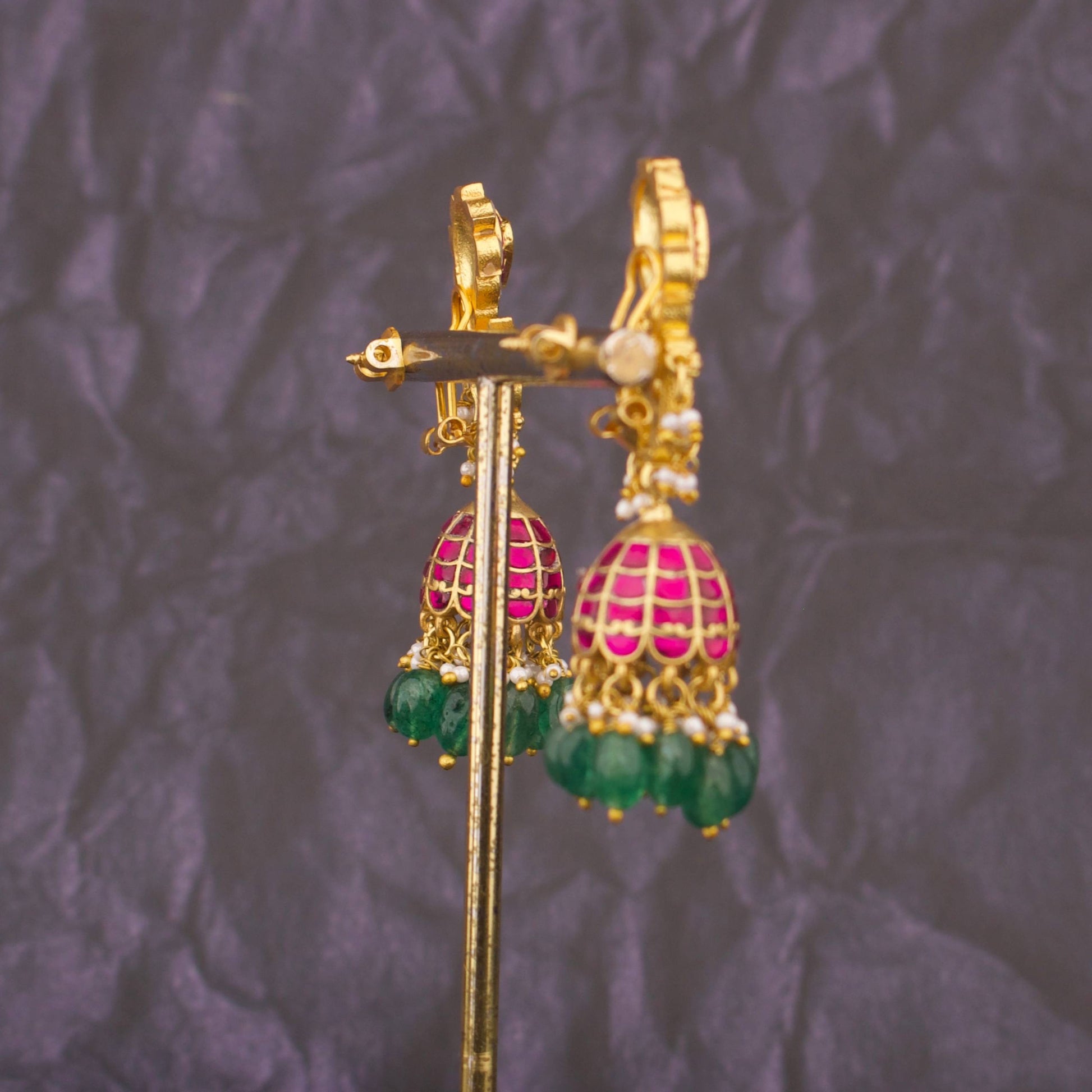Graceful Jadau Kundan Jhumki Earrings With Emerald Beads - Alternate View 2
