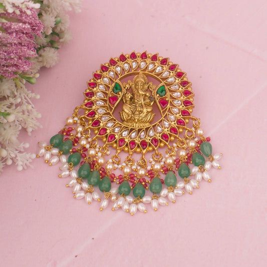 Ganesh Design Jadau Kundan Locket in Gold Style with Beads