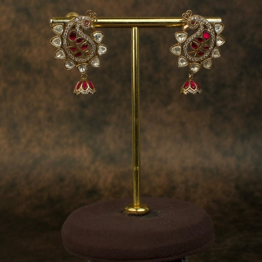 Peacock Studded Kundan Polki Jhumka Earrings