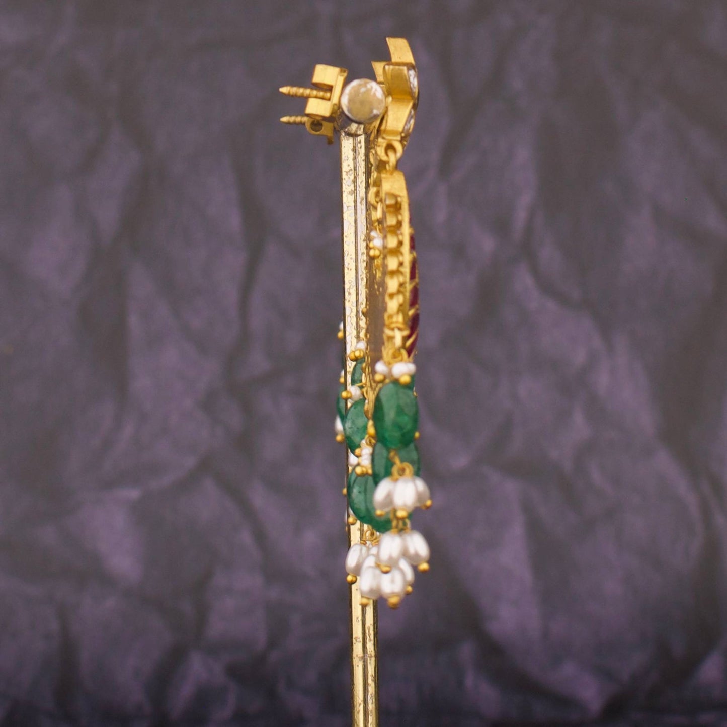 Floral Studded Jadau Kundan Chandbali Earrings With Pearl & Beads Hanging