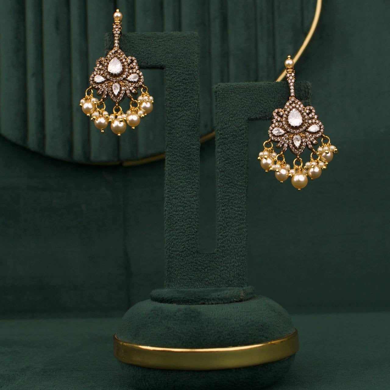 Designer Polki Swarovski Pearl Victorian Necklace Set With Matching Earrings