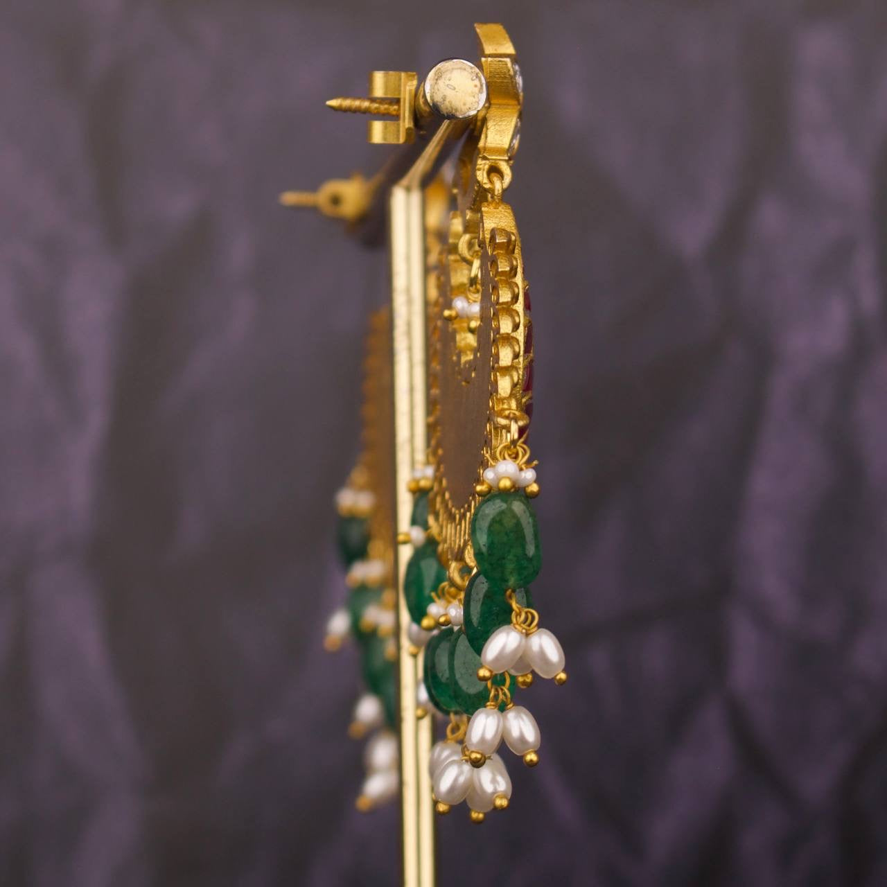 Floral Studded Jadau Kundan Chandbali Earrings With Pearl & Beads Hanging