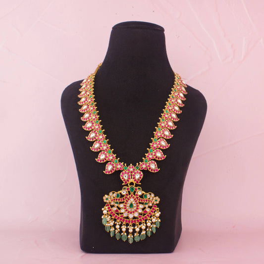 Bridal South Indian Mango Haram With Emerald Pendant And Green Drops