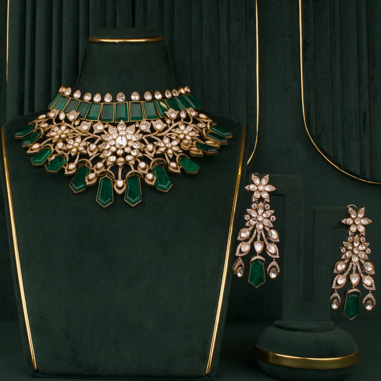 Bridal Emerald & Ruby Moissanite Polki Choker Set With Matching Earrings