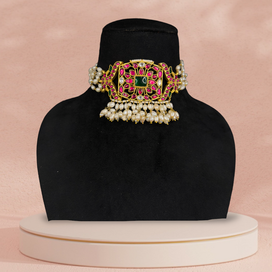 Traditional Jadau Kundan Choker Necklace with rice pearls
