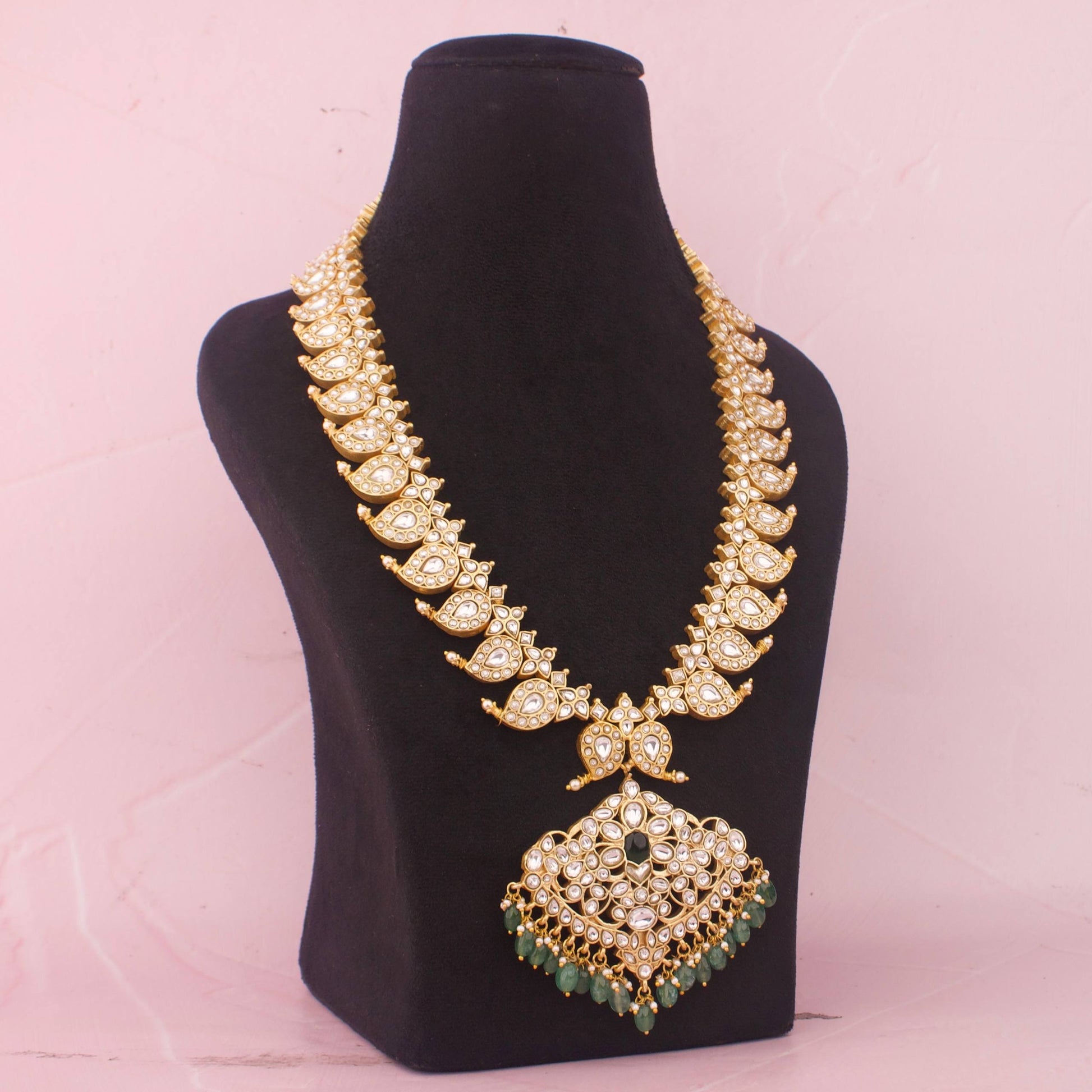 Traditional Jadau Kundan Reversible Mango Haram With Emerald Beads - Alternate View 3