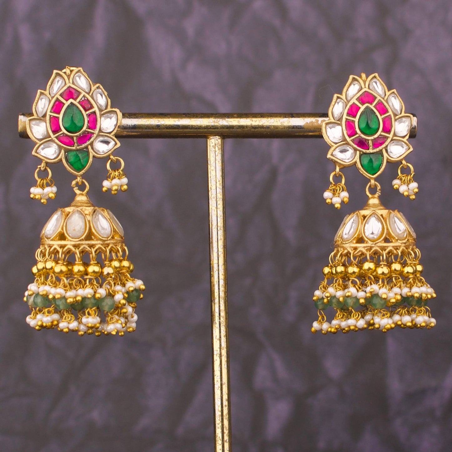 Luxury Floral Jadau Kundan Jhumkas With Multi Pearl Layers