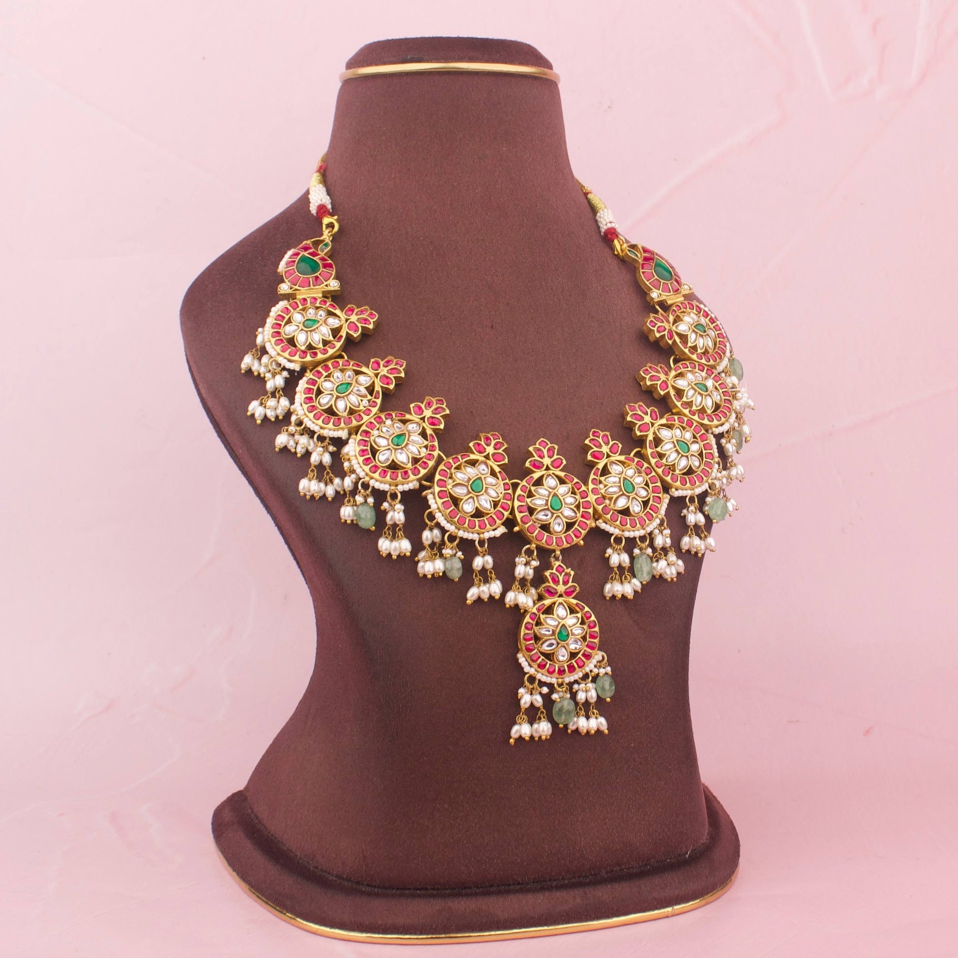 Close-Up Detail View of Opulent Jadau Kundan Round Motif Necklace Set with Earrings | Dulhan Jewels