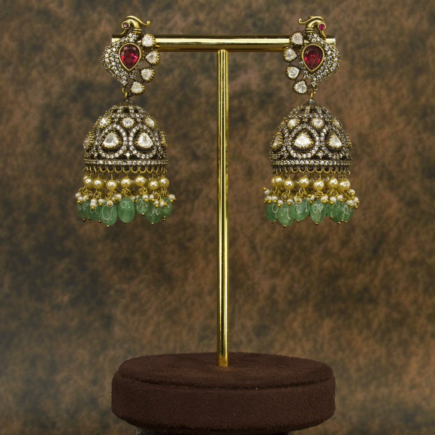 Peacock Studded Victorian Finish Polki Jhumka Earrings