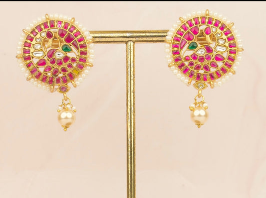 Round Peacock Design Jadau Kundan Stud Earrings - DULHAN JEWELS