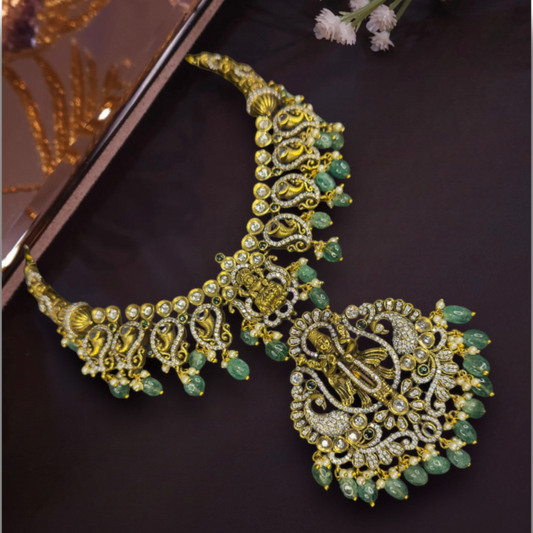 Antique Victorian Necklace Set with zircon, moissanite polki stones, pearls, and beads, including matching earrings. This Victorian Jewellery is available in a Green colour variant. 