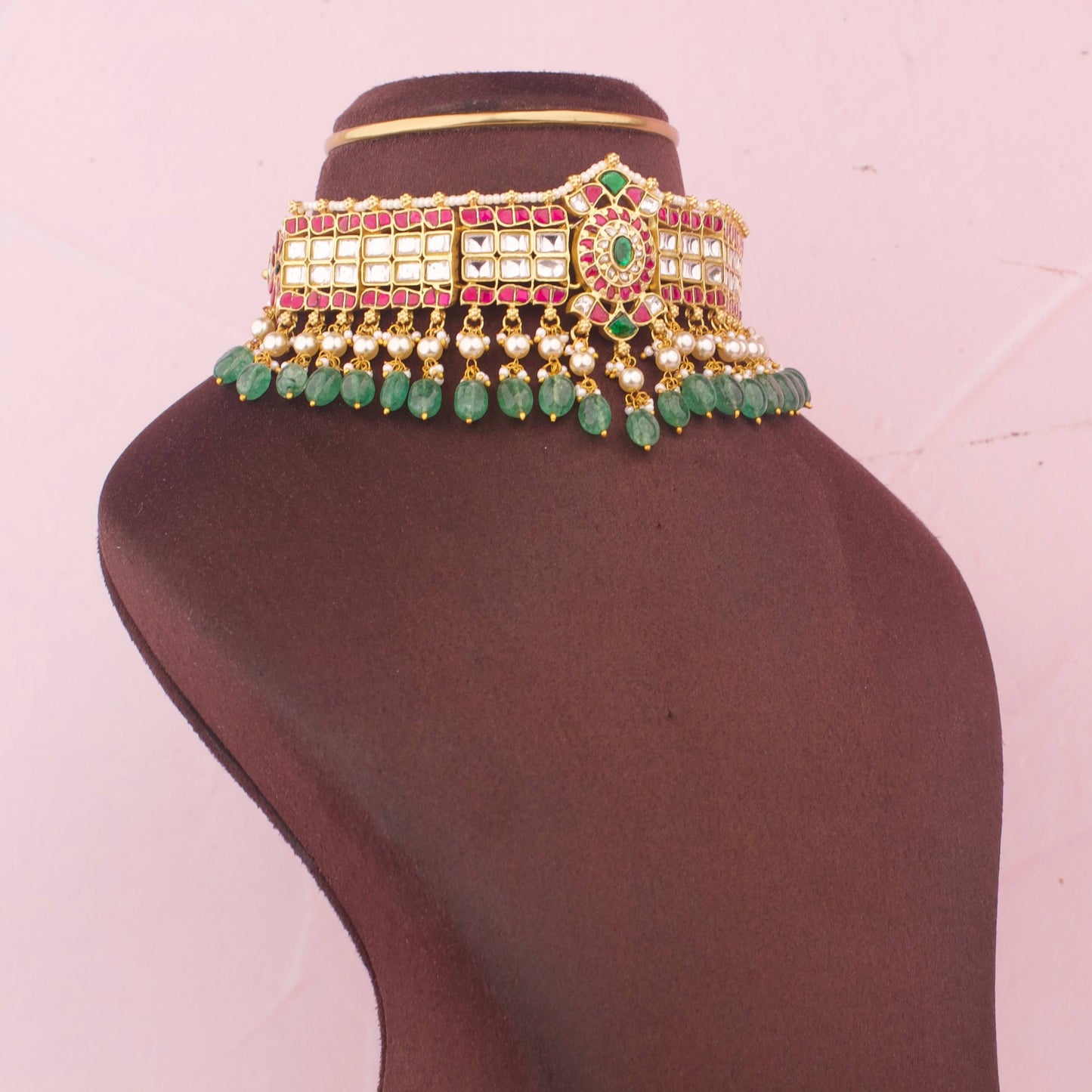 Traditional Jadau Kundan Choker With Pearl Layers And Green Beads