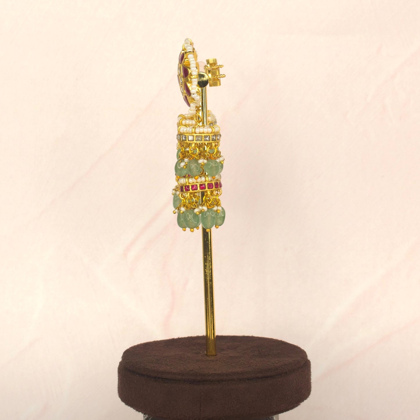 Pearl-Accented Jadau Kundan Jhumkas with Emerald Beads