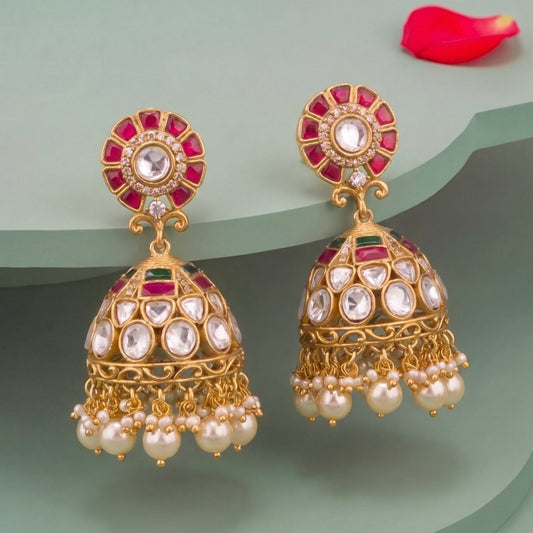 Graceful Fusion Polki x Jadau Kundan Jhumka Earrings - Handcrafted Indian Bridal Jewelry by Dulhan Jewels