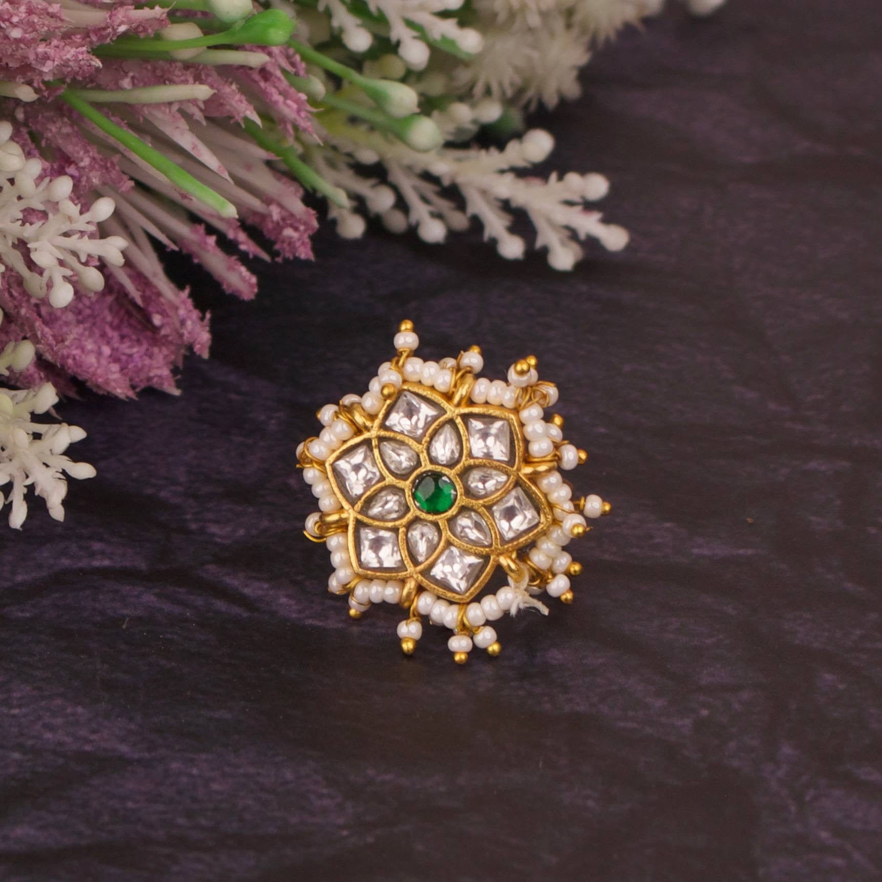 Fine Jadau Kundan Floral Design Pearl Bordered Finger Ring