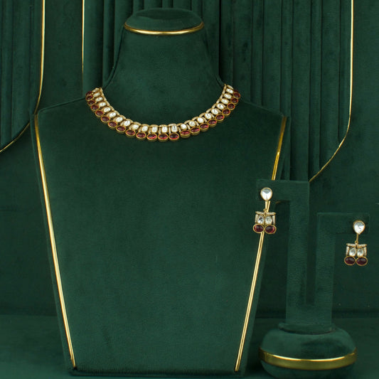 Sleek Fusion Kundan & Polki Mehandi Short Necklace With Matching Earrings