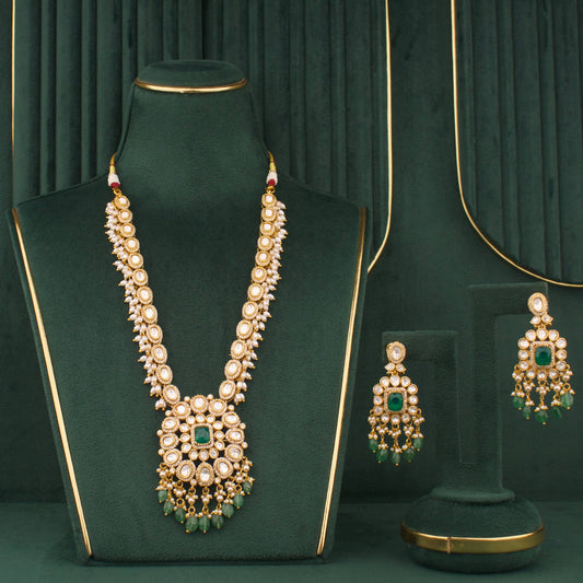 Designer Necklace With Emerald Beads And Earrings - Handcrafted Indian Bridal Jewelry by Dulhan Jewels
