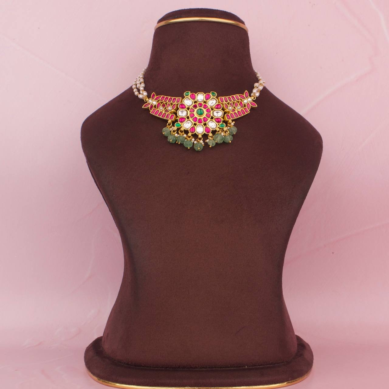 Floral Design Jadau Kundan Choker With Ricepearl Chain