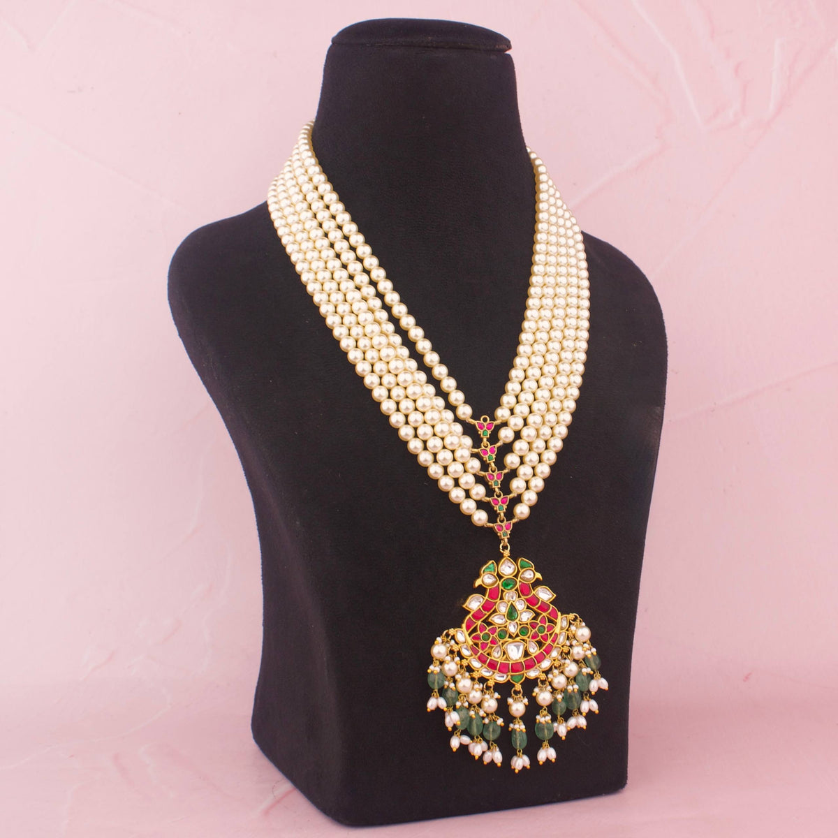 Pearl Mala Necklace With Multicolor Jadau Kundan Pendant