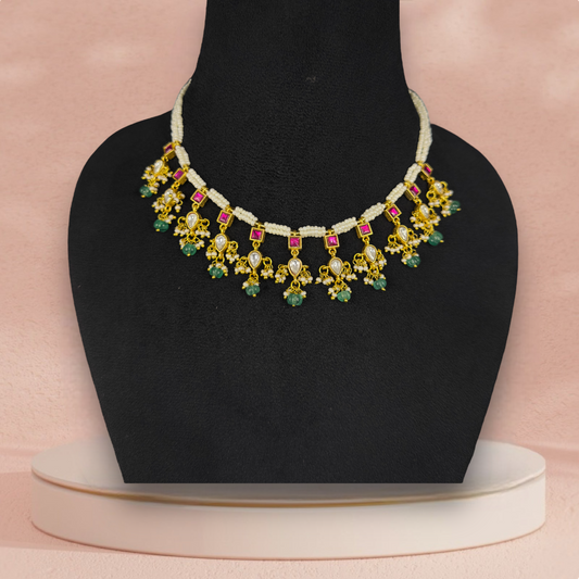 Exquisite Jadau Kundan Pearl Chain Necklace Set with Green Beads with 22k gold plating. This product belongds in jadau kundan jewellery category