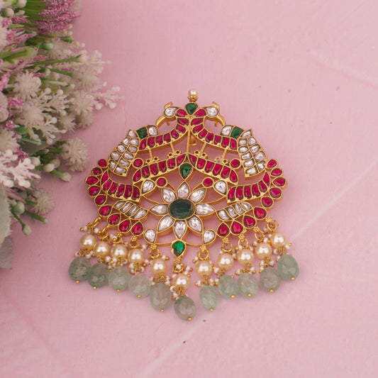 Jadau Kundan Locket With Floral Peacock Design With Swarovski Pearl Hanging