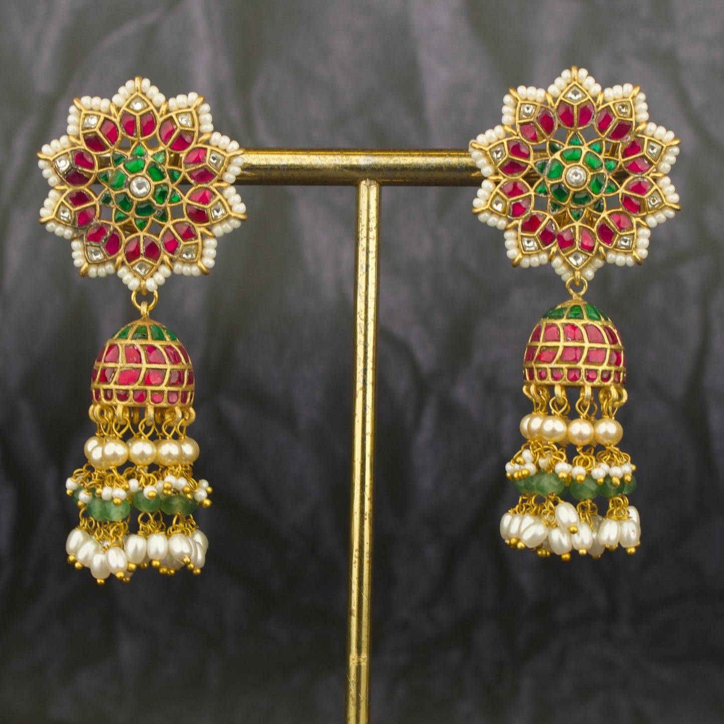 Charming Floral Studded Jadau Kundan Jhumki With Guttapusalu Hangings