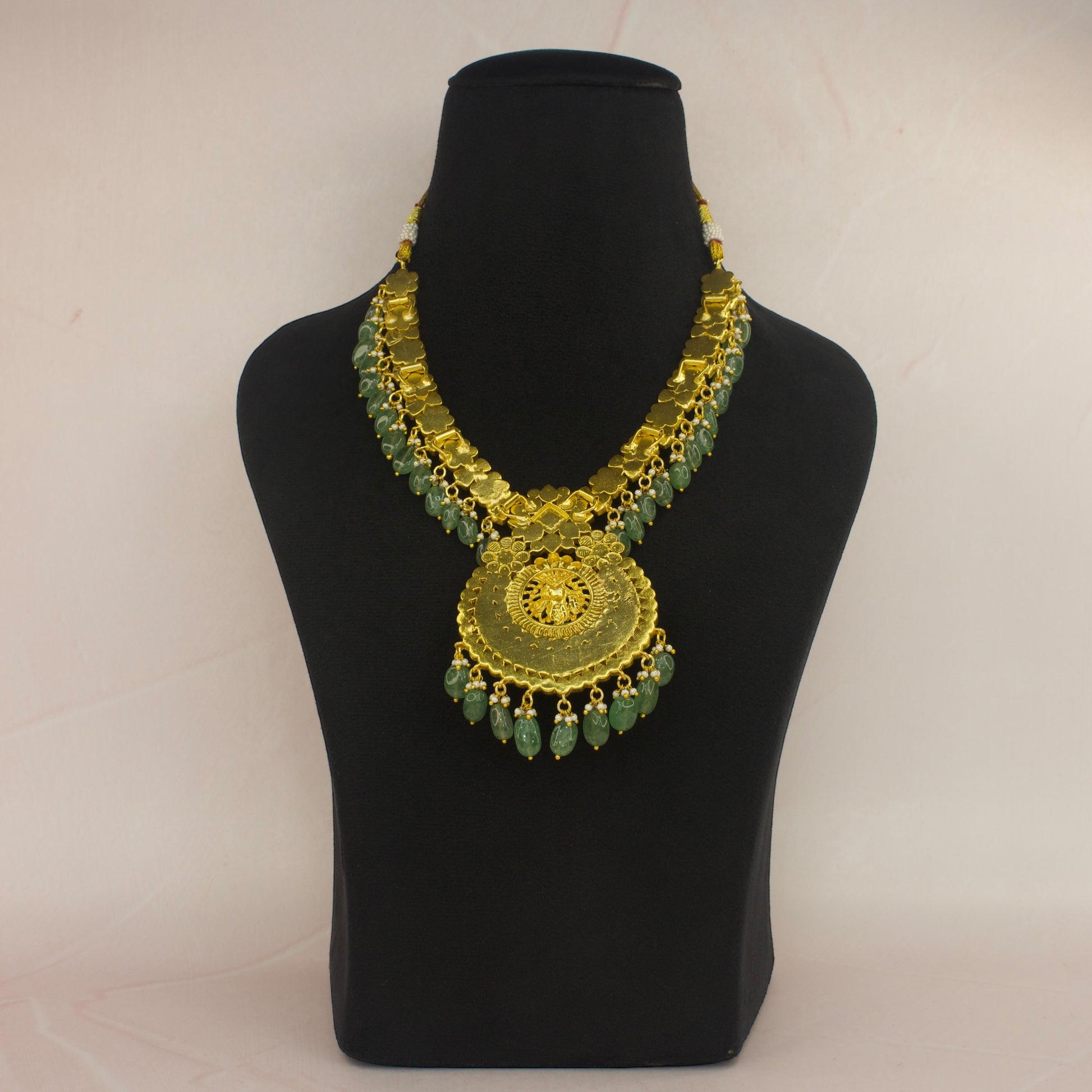Gold Plated Temple Jadau Kundan Necklace with Green Beads with 22k gold plating. This Product belongs to Jadau Kundan jewellery Category