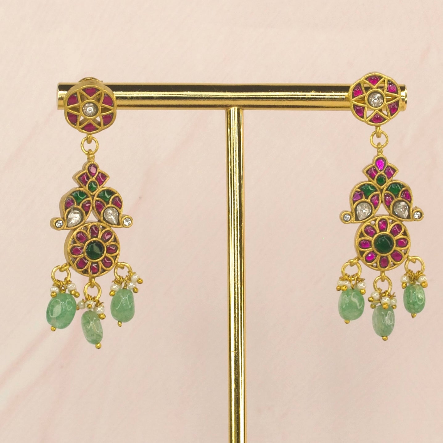 Gold Plated Jadau Kundan Hanging Earrings with beads drops