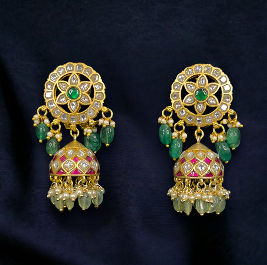 Radiant Lotus Jadau Kundan Jhumkas with Emerald Beads