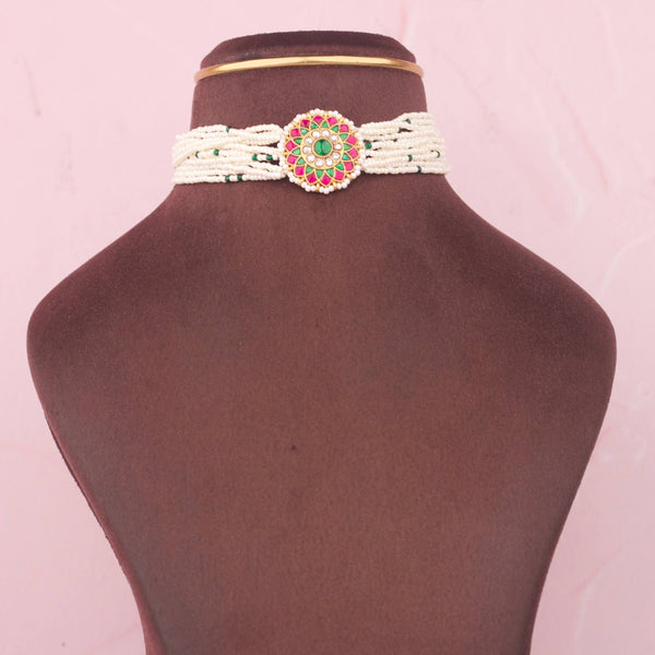 Ethnic Pearl Choker With Jadau Kundan Floral Centerpiece