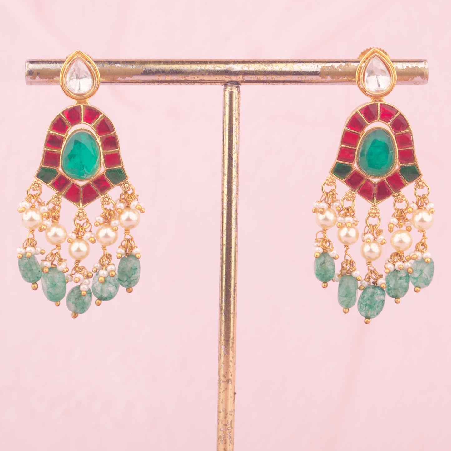 Ethnic Jadau Kundan Necklace Set With Green Beads And Earrings