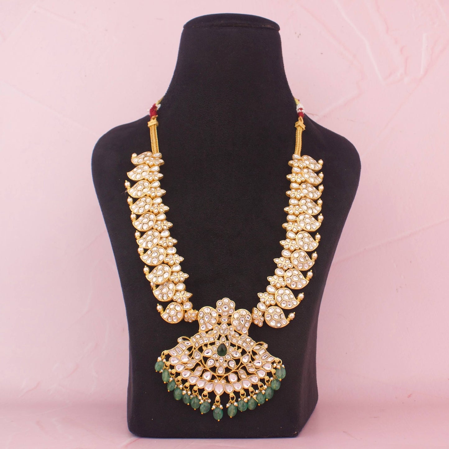 Grand Bridal Jadau Kundan Mango Haram With Green Bead Hangings