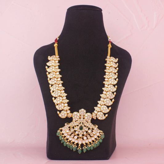 Close-up detailing of Grand Bridal Jadau Kundan Mango Haram With Green Bead Hangings