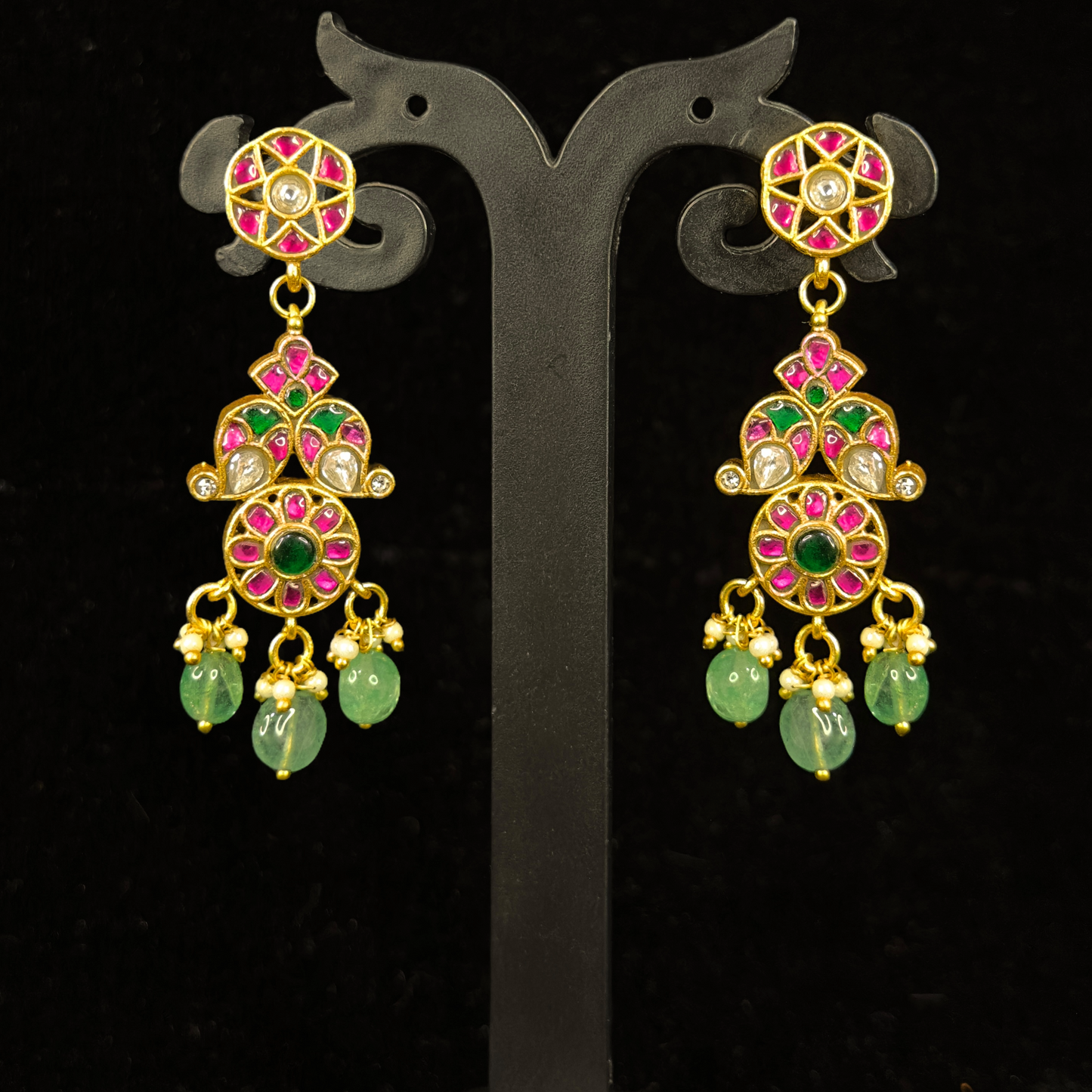 Gold Plated Jadau Kundan Hanging Earrings with beads drops