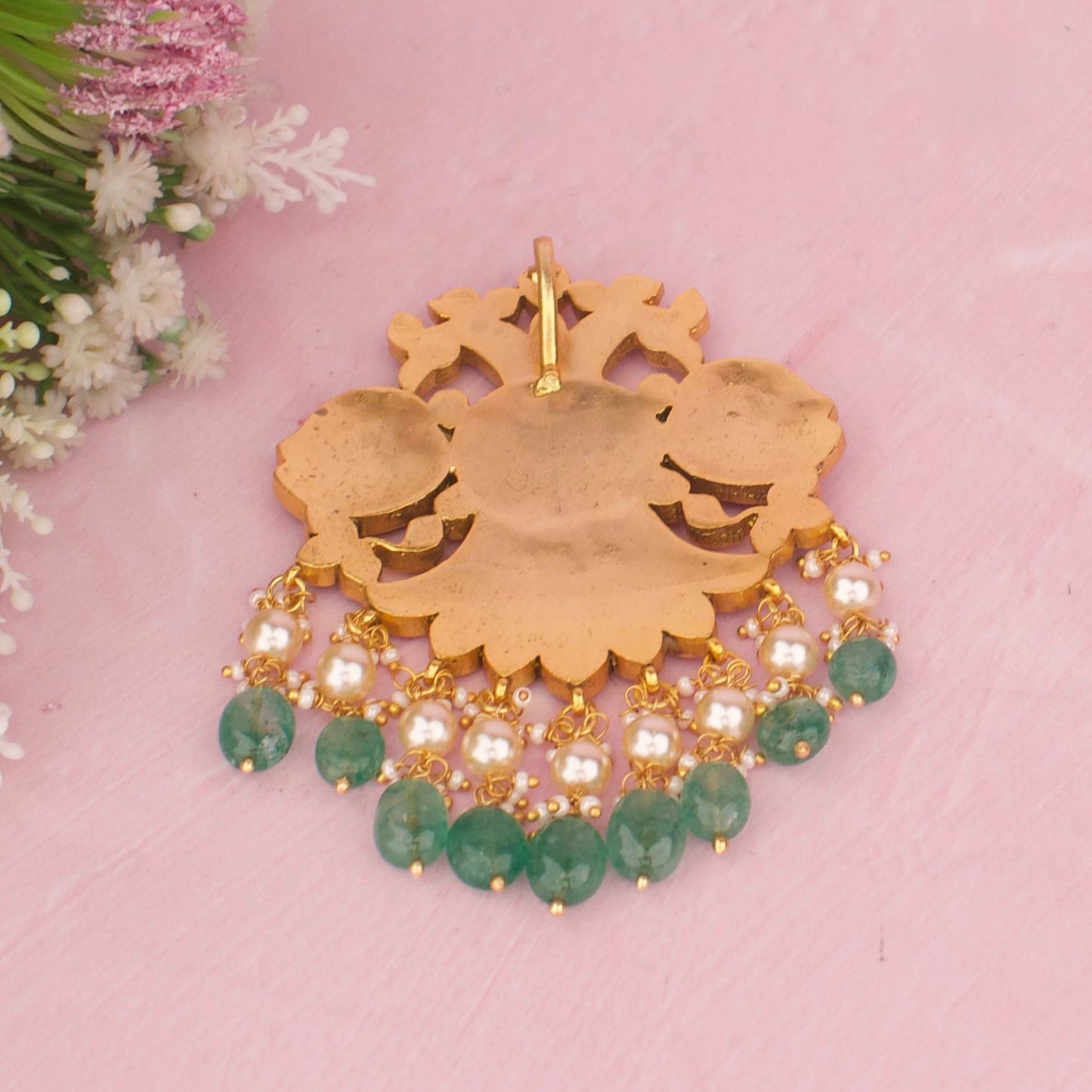 Traditional Jadau Kundan Locket With Emerald Beads