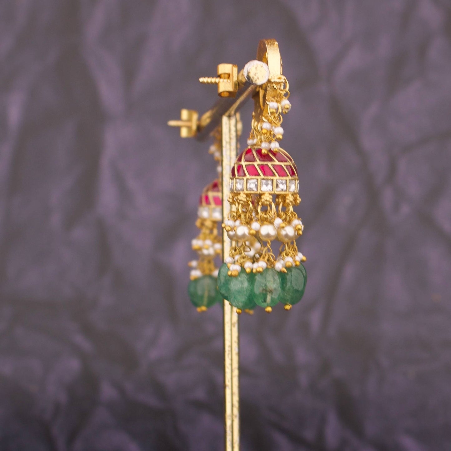 Ethnic Jadau Kundan Jhumki Earrings With Green Bead Tassels