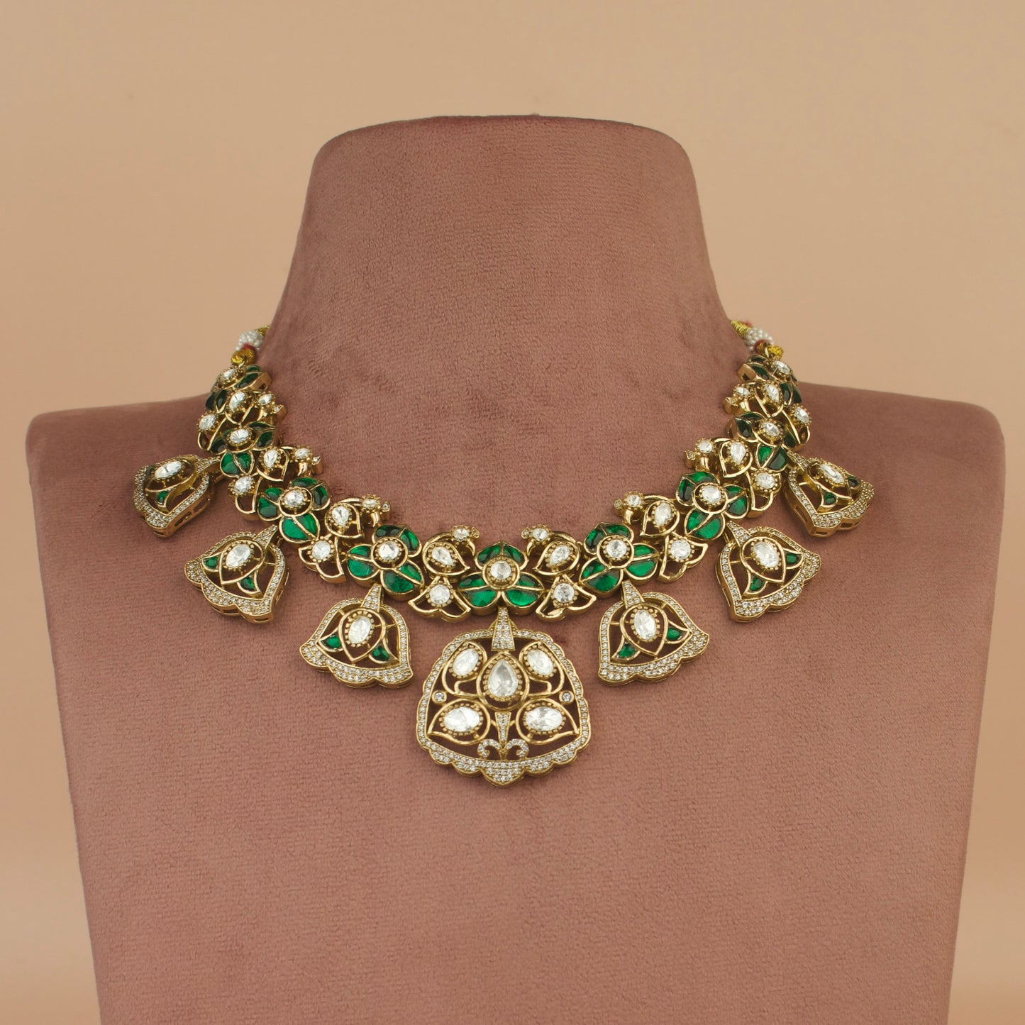 Regal Bells: Victorian Polki Necklace Set with Intricate Detailing