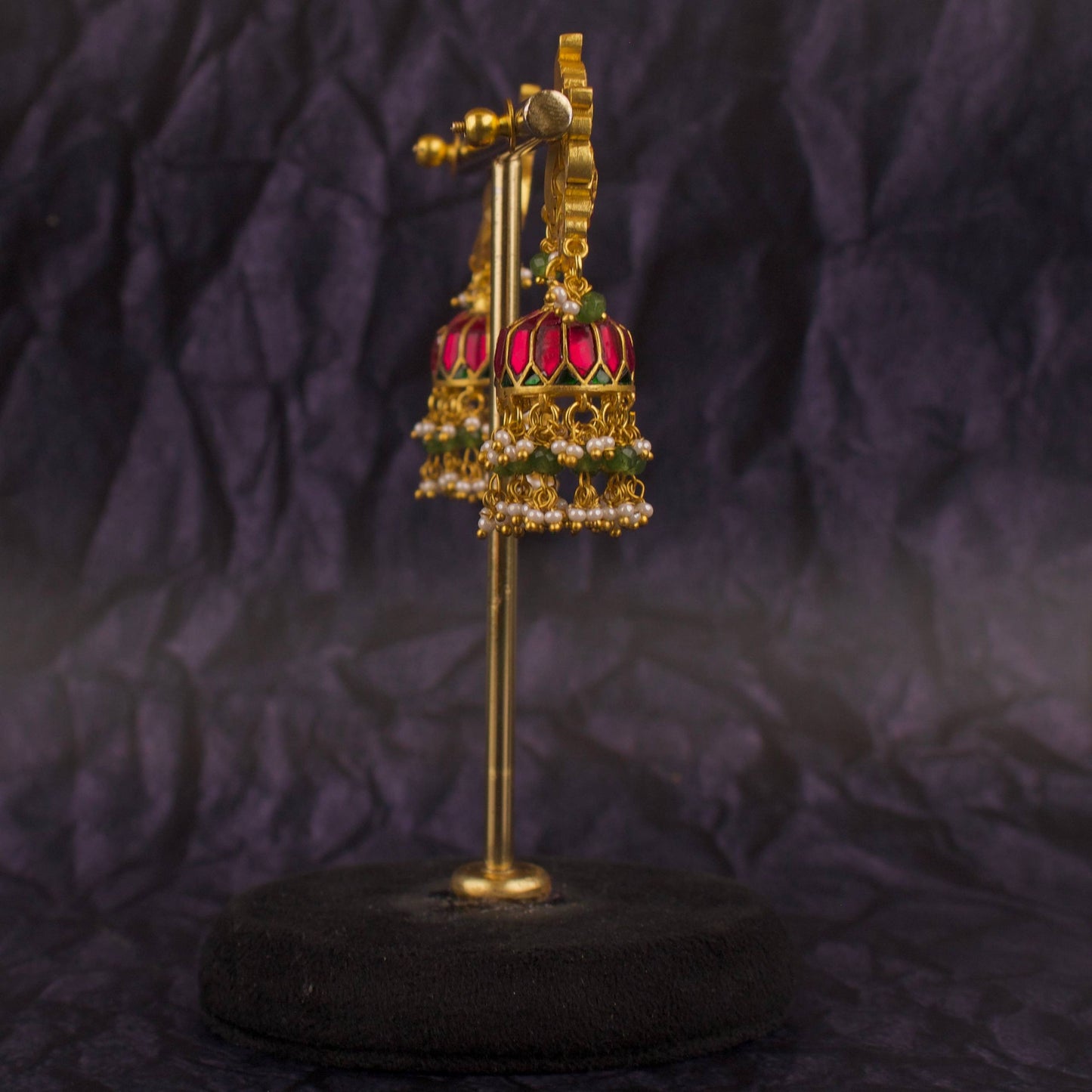 Peacock Studded Jadau Kundan Jhumki Earrings With Pearl & Bead Hanging