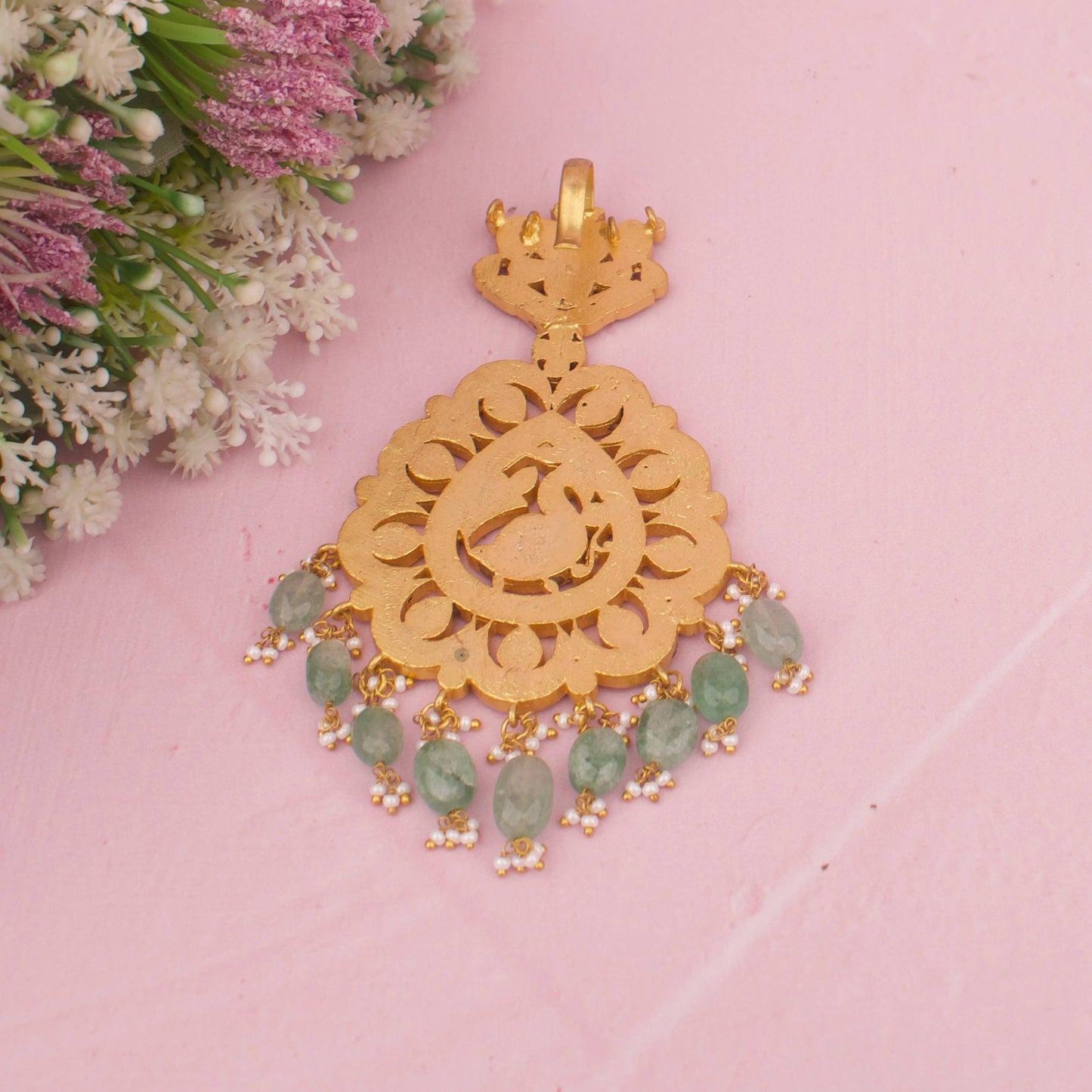 Grand floral Peacock Design Jadau Kundan Locket with Green Beads
