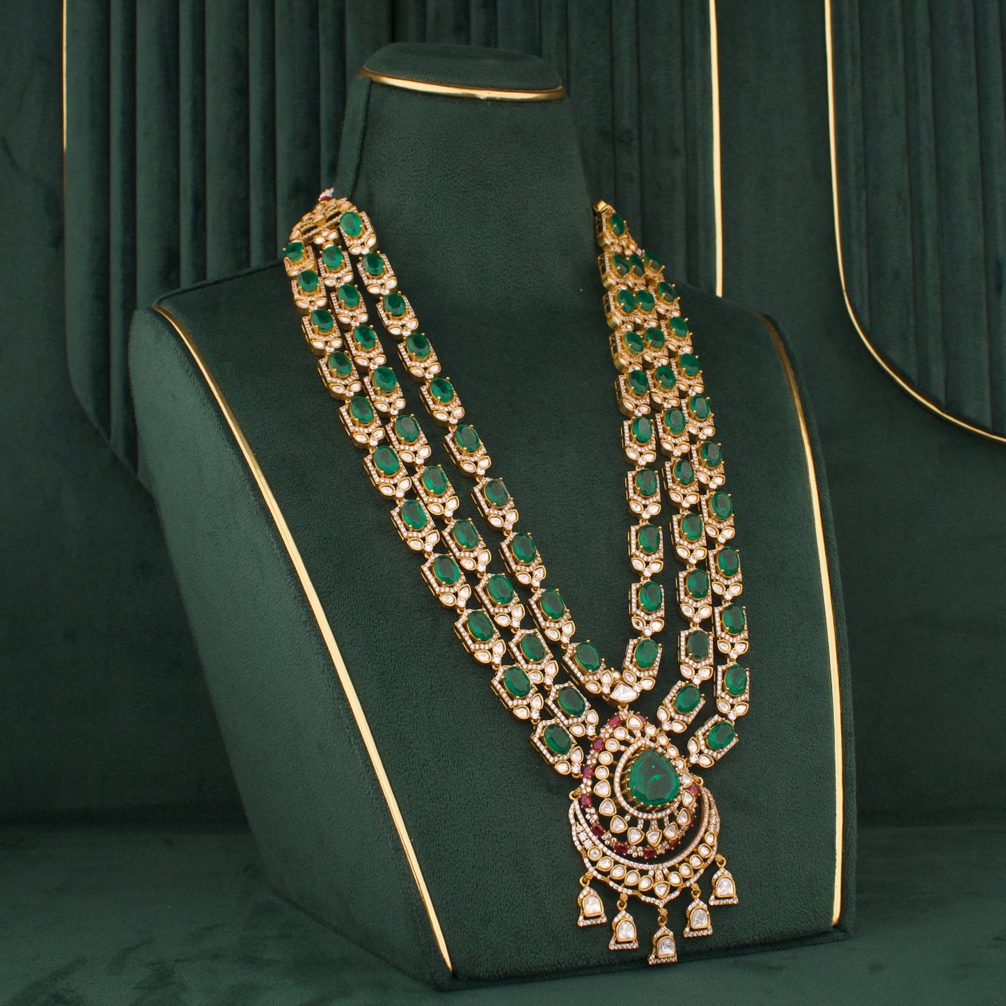 Timeless Emerald Layered Bridal Haar Set With Polki And Jhumka Earrings