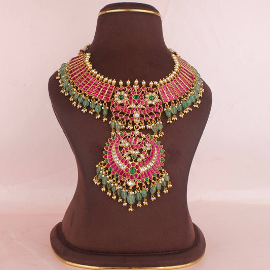Bridal Gold Inspired Jadau Kundan Necklace With Beads Hangings