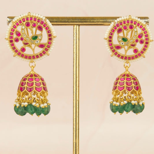 Peacock Studded Jadau Kundan Jhumka Earrings