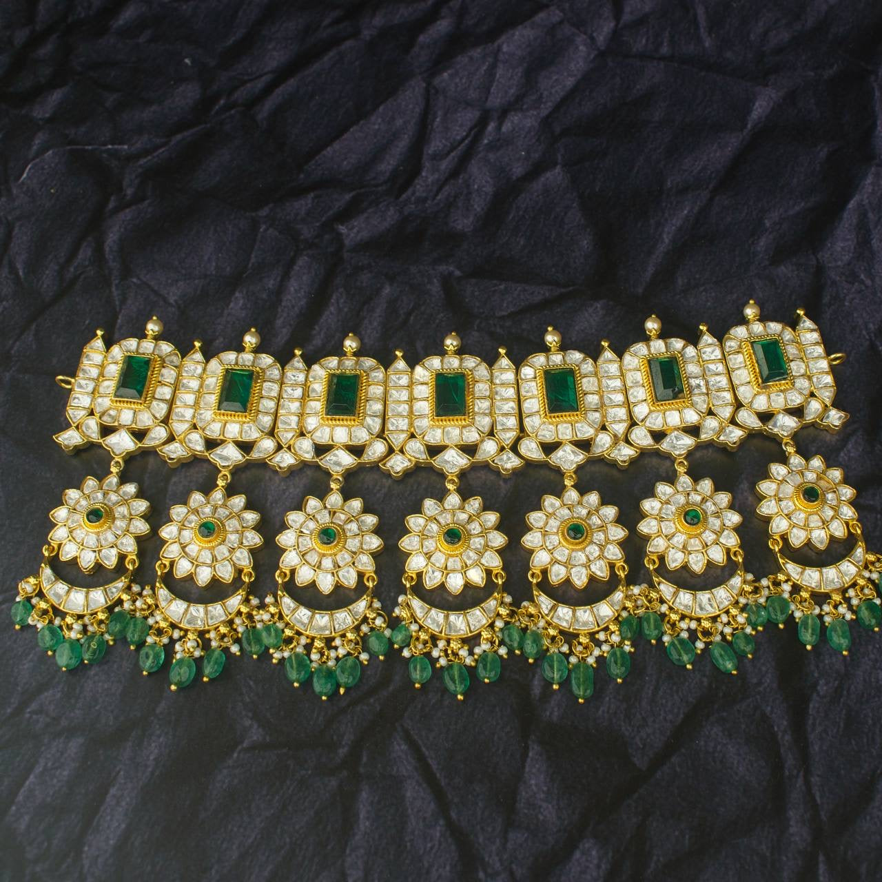 bridal moissanite polki choker with locket hangings and green stones