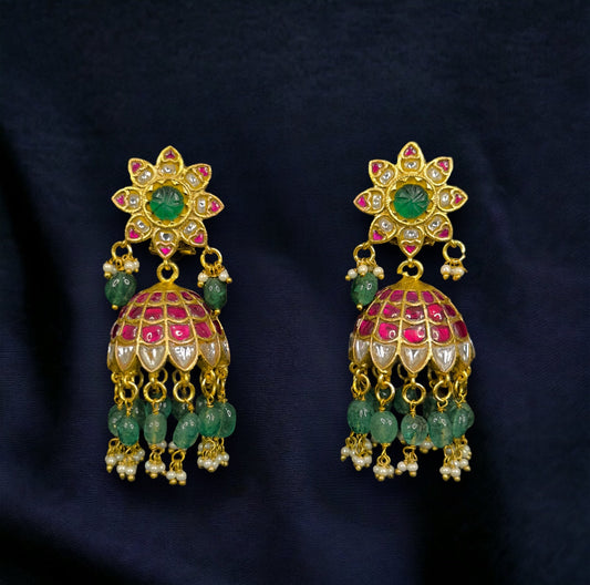 Exquisite Lotus Jadau Kundan Jhumkas with Emerald Beads