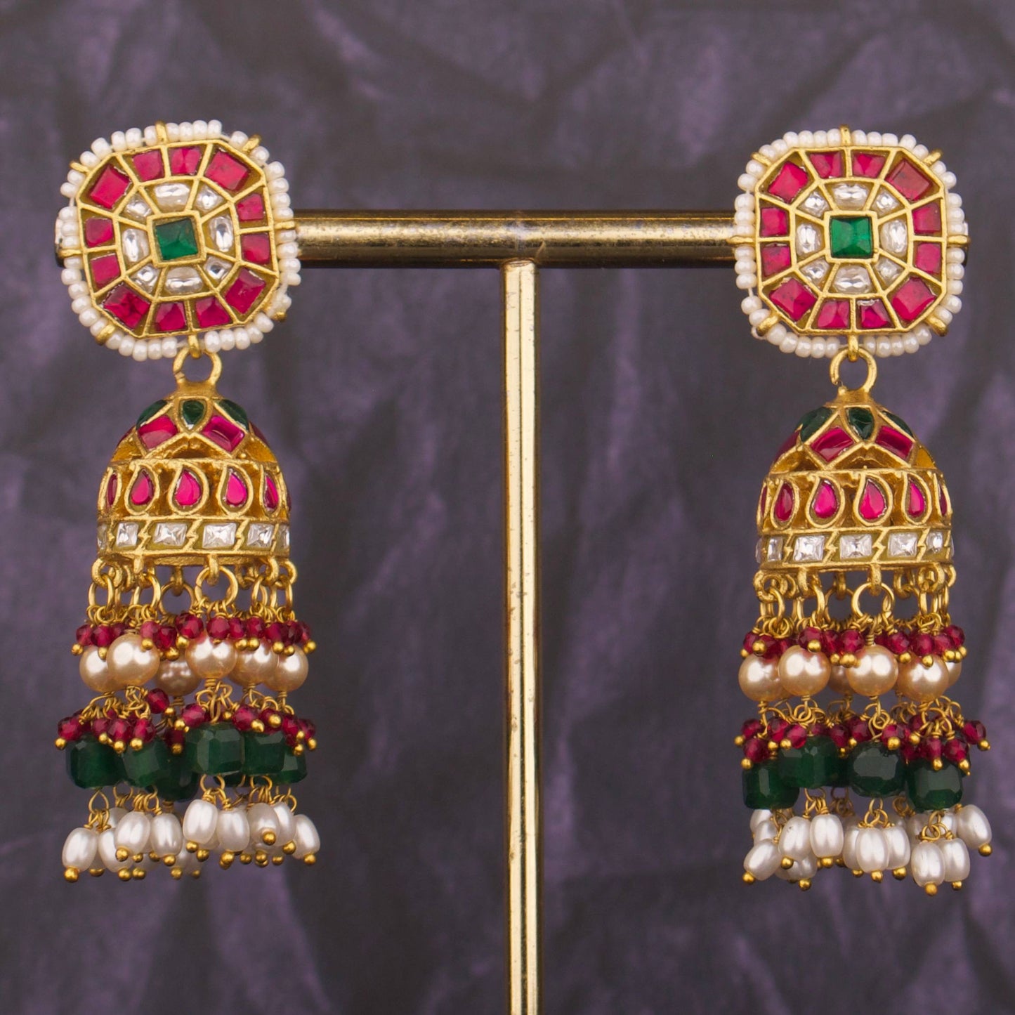 Ethereal Design Studded Jadau Kundan Jhumki with Beads Hanging