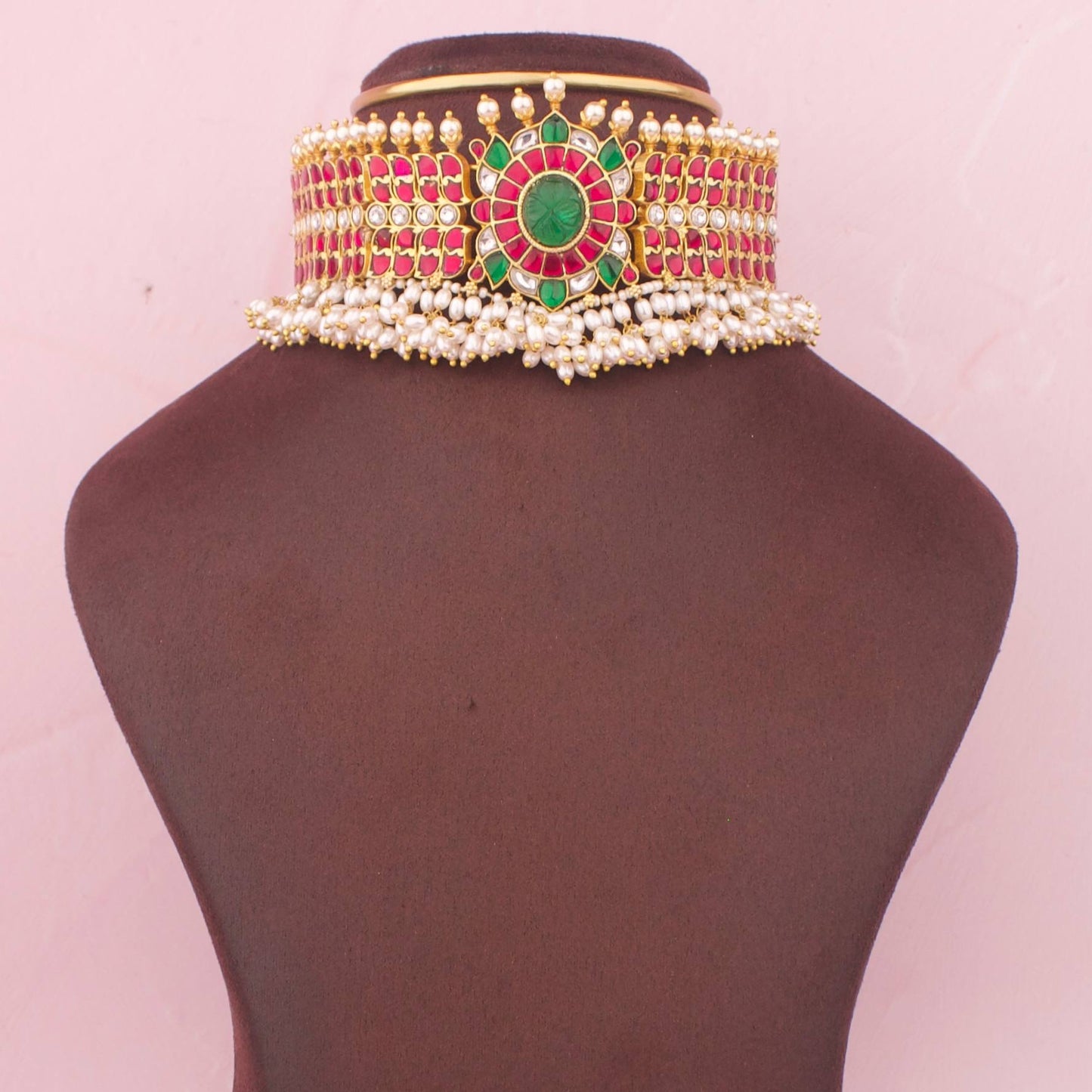 Royal Jadau Kundan Floral Design Choker with Green Stone And Pearl Drops