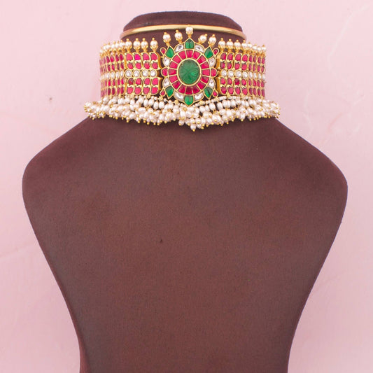 Royal Jadau Kundan Floral Design Choker with Green Stone And Pearl Drops