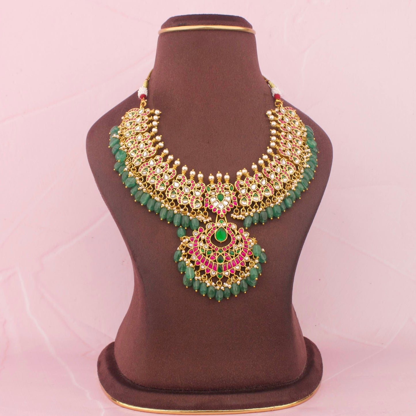 Bridal Jadau Kundan Necklace With Green Hangings